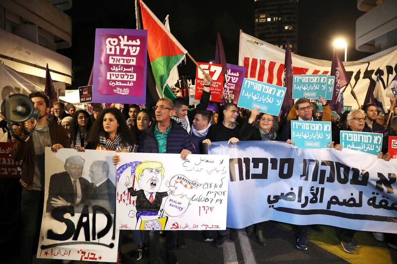 Israelis and Israeli Arabs protest against US President Trump's peace plan as they march in Tel Aviv , Israel.  EPA