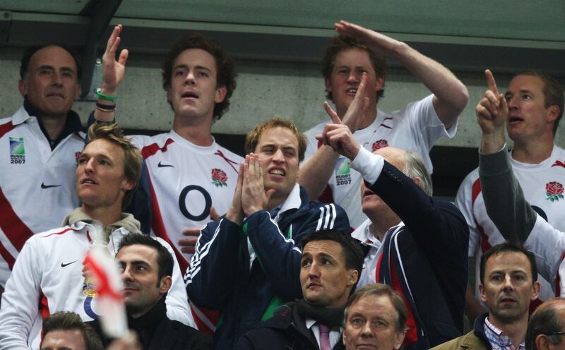 2007: Prince William and Prince Harry celebrate a try that was to be disallowed during the 2007 Rugby World Cup Final between England and South Africa in Saint-Denis, France. Getty Images