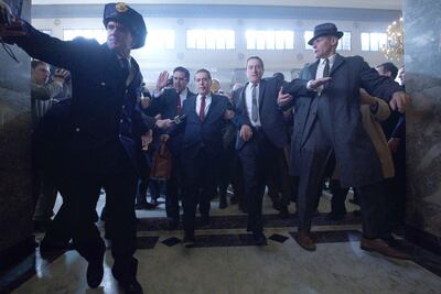 THE IRISHMAN (2019)
Ray Ramano (Bill Bufalino ) Al Pacino (Jimmy Hoffa) and Robert De Niro (Frank Sheeran). Courtesy Netflix