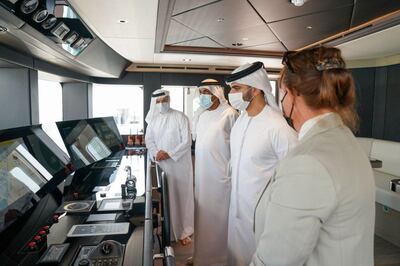Sheikh Mansoor bin Mohammed toured the superyacht as it ventured into the Arabian Gulf, demonstrating its top-notch stability and manoeuvrability on the high sea. Dubai Media Office