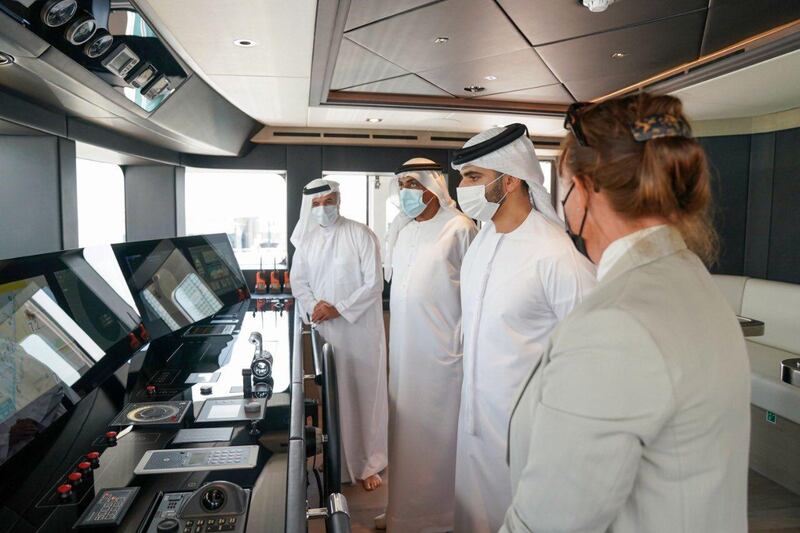 Sheikh Mansoor bin Mohammed toured the superyacht as it ventured into the Arabian Gulf, demonstrating its top-notch stability and manoeuvrability on the high sea. Dubai Media Office