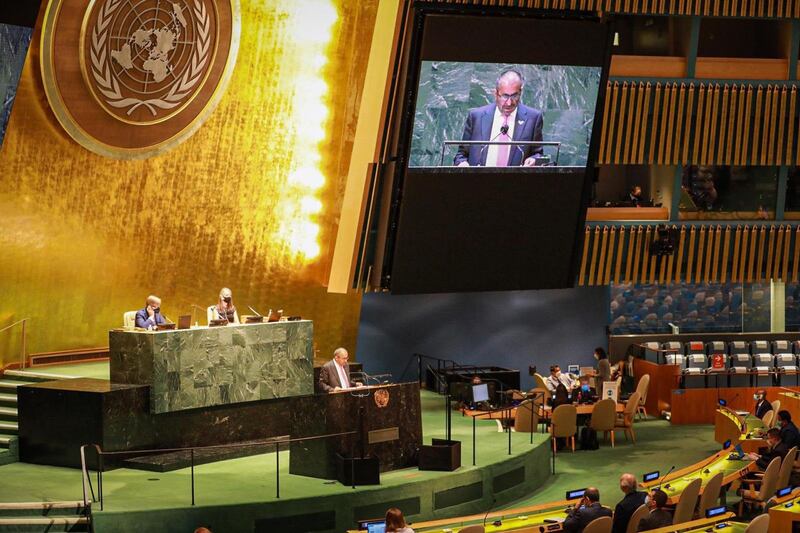 Khalifa Shaheen Al Marar, Minister of State, delivers a speech before the 76th session United Nations General Assembly. Photo: UAE Mission to the UN