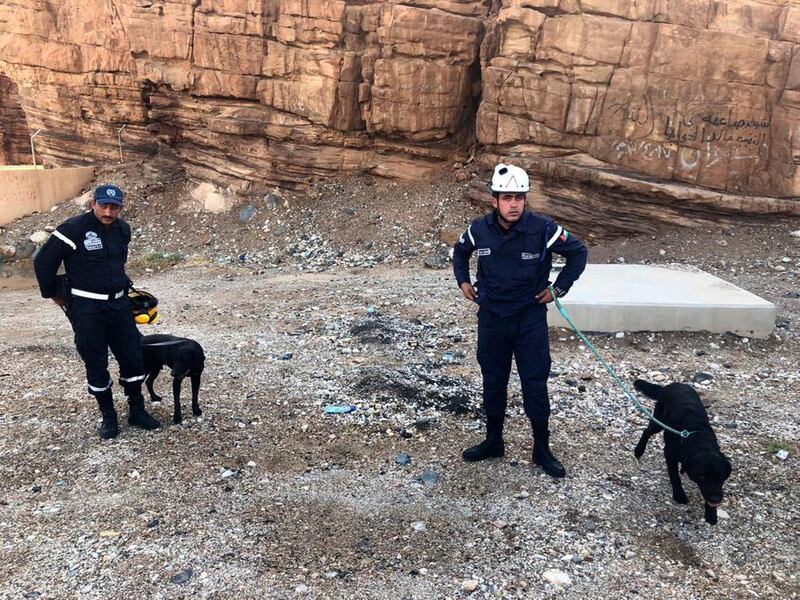 Jordanian rescuers with sniffer dogs search in a wadi. AP Photo