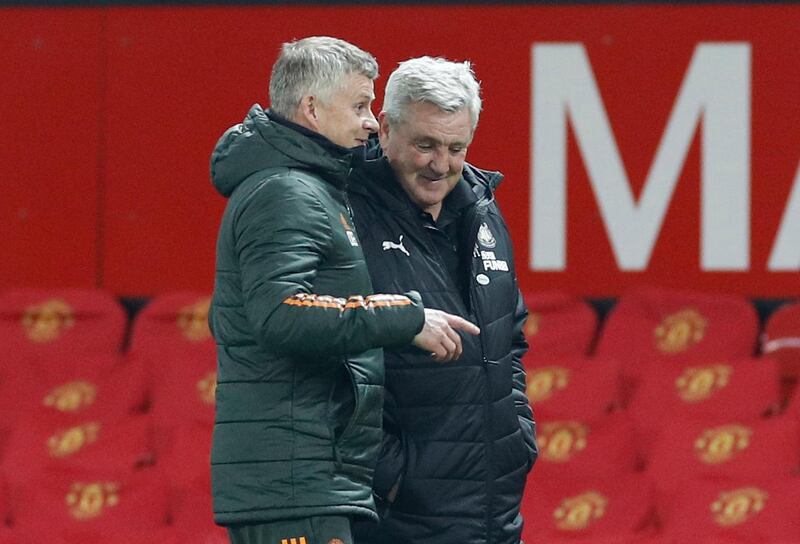 Manchester United manager Ole Gunnar Solskjaer and Newcastle boss Steve Bruce after the match. Reuters