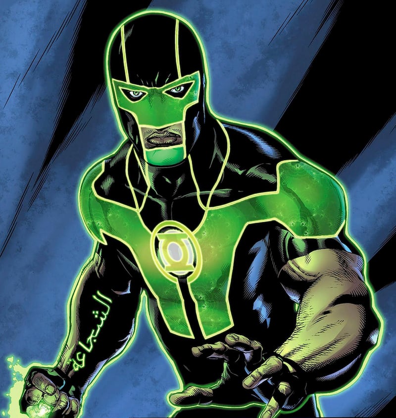 Simon Baz is a fictional comic book superhero appearing in books published by DC Comics, usually in those starring the Green Lantern Corps, an extraterrestrial police force of which Simon is a member. Simon Baz was a Lebanese-American child living in Dearborn, Michigan during the events of the September 11 attacks in 2001. The Arabic on his arm reads, COURAGE (please include translation in the caption.)
CREDIT: Courtesy DC Comics