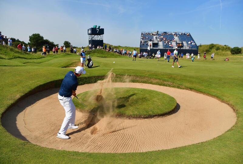 Bernd Wiesberger of Austria hits a bunker shot on the 7th hole during a practice round prior to the 146th Open Championship at Royal Birkdale on July 18, 2017 in Southport, England. Stuart Franklin/Getty Images