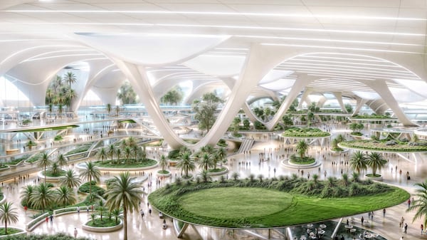 Designs for a new passenger terminal at Al Maktoum International Airport. Photo: Dubai government via AP