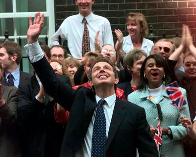 Labour's Tony Blair made a triumphant entry to Downing Street the morning after the 1997 election. AP 