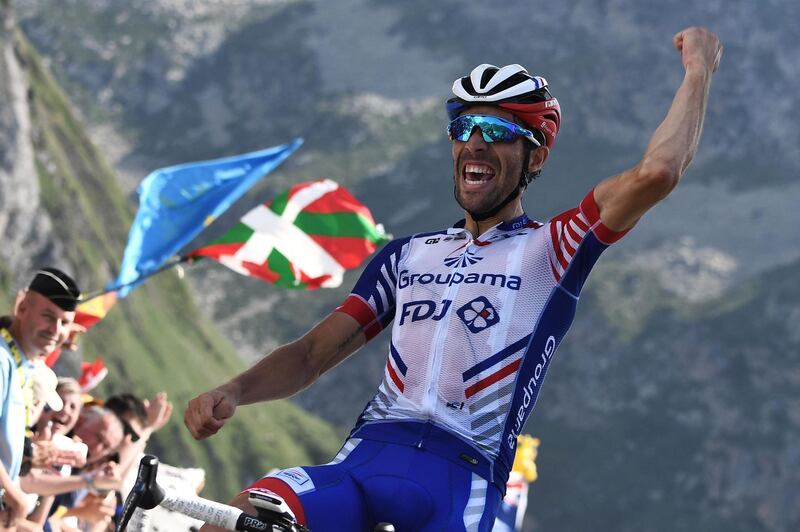 France's Thibaut Pinot celebrates after winning the 14th stage  between Tarbes and Tourmalet Bareges, on July 20, 2019.  AFP