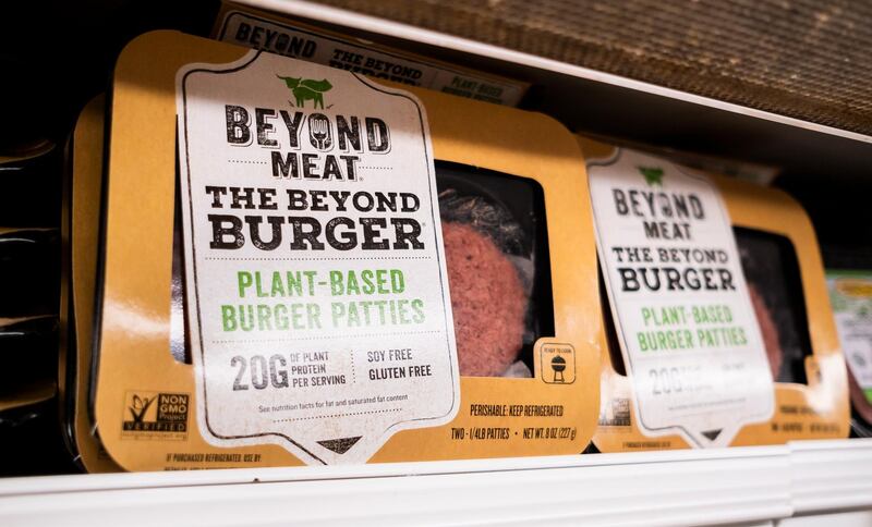 epa07545424 A Beyond Meat product on a store shelf in New York, New York, USA, 03 May 2019. The company, which sells plant-based meat substitutes, had their IPO this week and shares quickly rose 163 percent.  EPA/JUSTIN LANE
