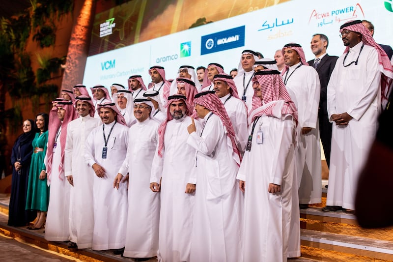 Amin Nasser, chief executive of Saudi Aramco, front row fourth right, and Yasir Al Rumayyan, governor of the Public Investment Fund, front row third right, during day two of the conference. Bloomberg