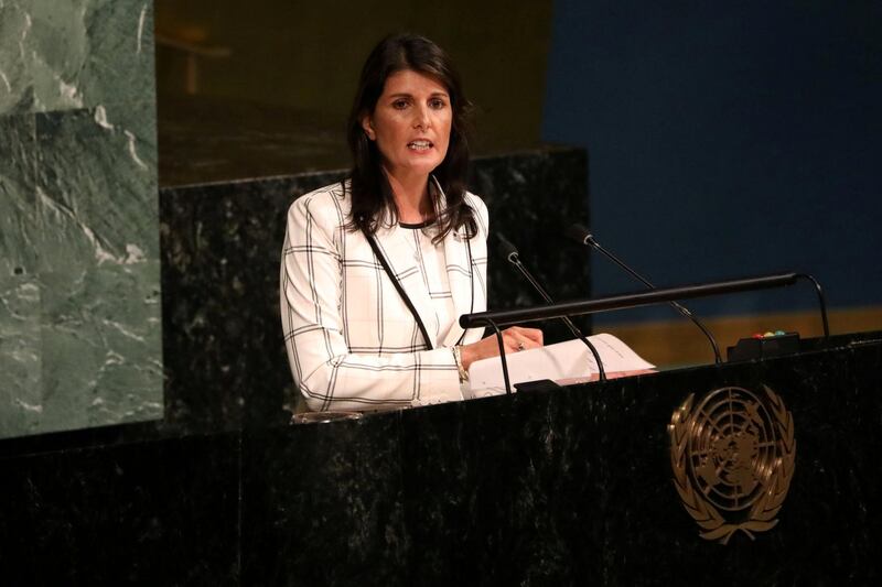 FILE PHOTO: U.S. Ambassador to the United Nations Nikki Haley addresses a United Nations General Assembly meeting ahead of a vote on a draft resolution that would deplore the use of excessive force by Israeli troops against Palestinian civilians at U.N. headquarters in New York, U.S., June 13, 2018. REUTERS/Mike Segar/File Photo