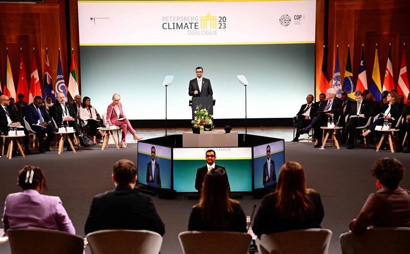 Minister of Industry and Advanced Technology and Cop28 president-designate Dr Sultan Al Jaber speaks at the meeting in Berlin. AFP