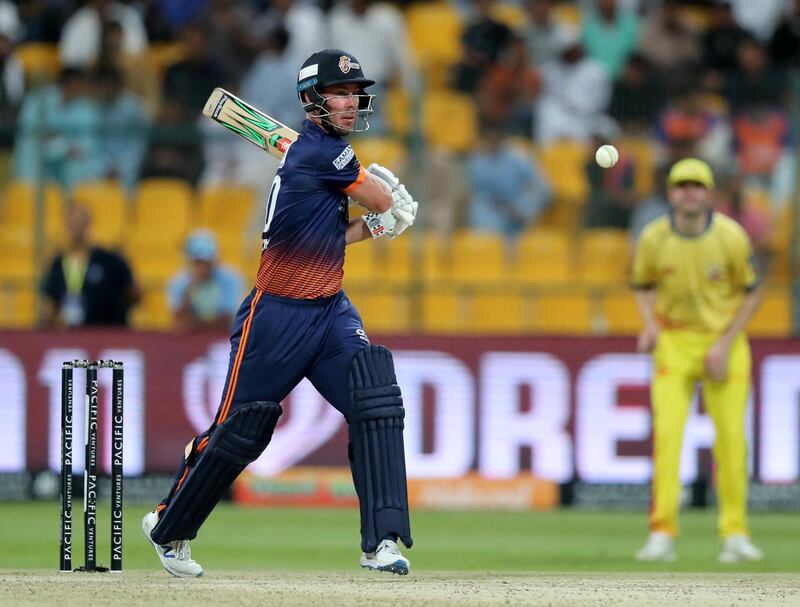 Abu Dhabi, United Arab Emirates - November 18, 2019: Arabians' Chris Lynn hits his way to 91 off 30 balls during the game between Maratha Arabians and Team Abu Dhabi in the Abu Dhabi T10 league. Monday the 18th of November 2019. Zayed Cricket Stadium, Abu Dhabi. Chris Whiteoak / The National