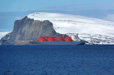 The Arctic Explorer LNG tanker sits at anchor in a fjord outside Hammerfest, northern Norway, on Monday, April 24, 2017. Norway is betting the under-explored Barents could boost its oil industry, after crude production fell by half since 2000. Photographer: Mikael Holter/Bloomberg EDITOR'S NOTE: BEST QUALITY AVAILABLE.