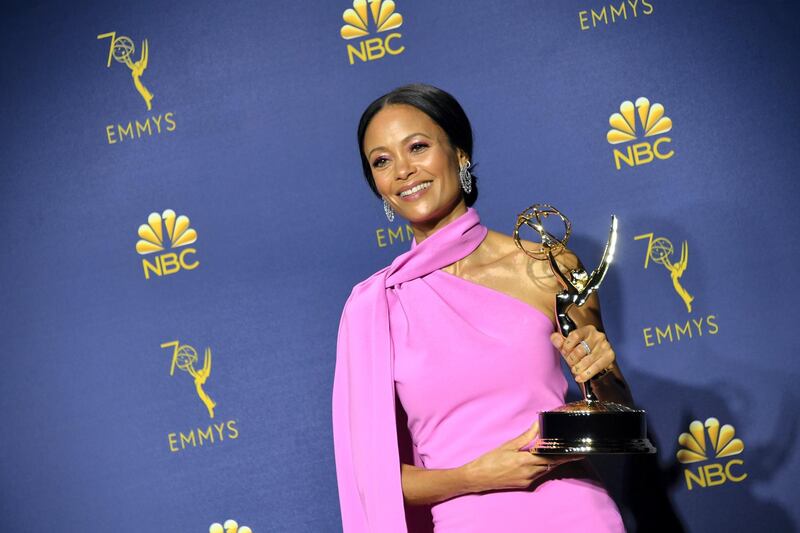 Supporting actress in a drama series winner Thandie Newton poses with her Emmy during the 70th Emmy Awards at the Microsoft Theatre in Los Angeles, California on September 17, 2018. (Photo by VALERIE MACON / AFP)