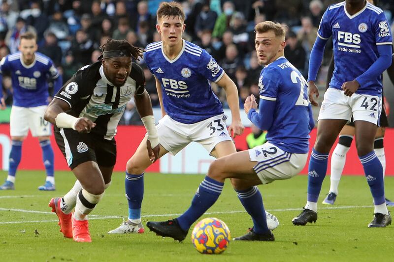 Newcastle United midfielder Allan Saint-Maximin vies with Leicester City midfielder Kiernan Dewsbury-Hall. AFP