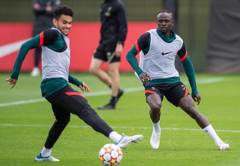 Liverpool's Luis Diaz and Sadio Mane during training. EPA