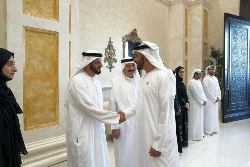 ABU DHABI, UNITED ARAB EMIRATES - June 11, 2018: HH Sheikh Mohamed bin Zayed Al Nahyan, Crown Prince of Abu Dhabi and Deputy Supreme Commander of the UAE Armed Forces (R) receives members of the Zayed Higher Organization, during an iftar reception at Al Bateen Palace.
��(��Mohamed Al Hammadi / Crown Prince Court - Abu Dhabi )
---