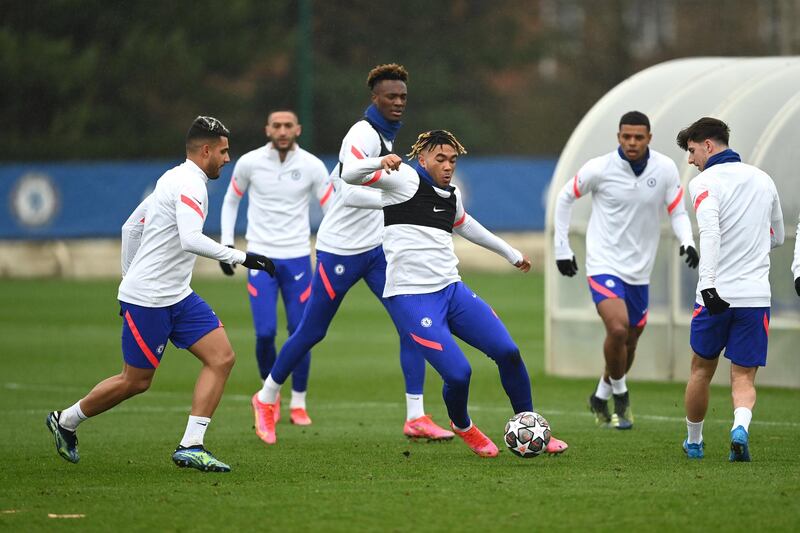 COBHAM, ENGLAND - FEBRUARY 22:  Emerson, Tammy Abraham and Reece James of Chelsea during a training session at Chelsea Training Ground on February 22, 2021 in Cobham, England. (Photo by Darren Walsh/Chelsea FC via Getty Images)