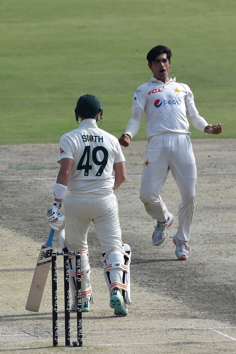 Pakistan's Naseem Shah celebrates after taking the wicket of Steve Smith. AFP