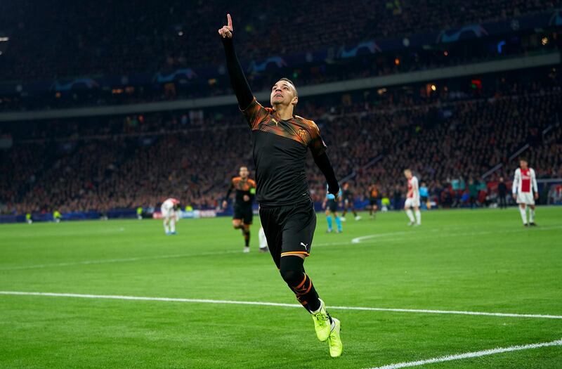 AMSTERDAM, NETHERLANDS - DECEMBER 10: Rodrigo Moreno of Valencia celebrates after scoring his team's first goal during the UEFA Champions League group H match between AFC Ajax and Valencia CF at Amsterdam Arena on December 10, 2019 in Amsterdam, Netherlands. (Photo by Quality Sport Images/Getty Images)