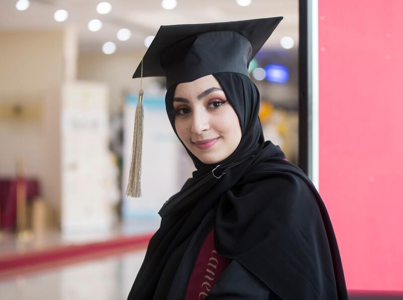 Ajman, United Arab Emirates - Raneem Mohammad Ishbeita at the Al Shola American School first in-person graduation for 12 graders.  Leslie Pableo for The National for Amir's story