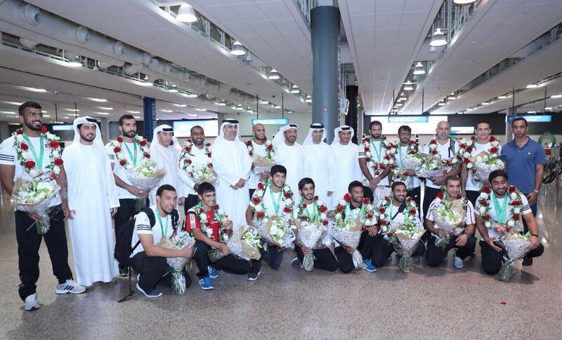 The UAE jiu-jitsu squad is greeted at Dubai International Airport following their exploits in Turkmenistan. Courtesy UAEJJF
