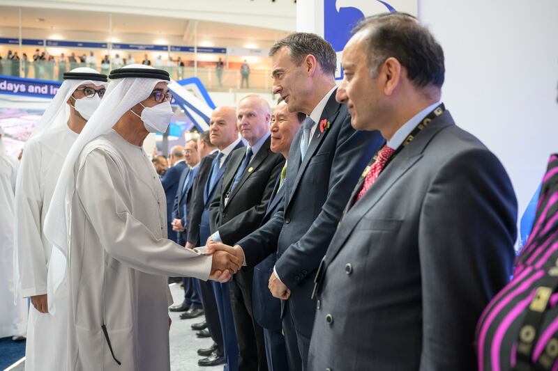 The President and Dr Sultan Al Jaber, Minister of Industry and Advanced Technology and Adnoc's managing director and group chief executive. Hamad Al Kaabi / UAE Presidential Court 
