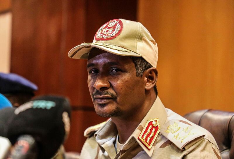 FILE  - In this April 30, 2019 file photo, Sudanese Gen. Mohamed Hamdan Dagalo, the deputy head of the military council speaks at a press conference in Khartoum, Sudan. Dagalo, on Sunday, March 15, 2020, said his country would mediate a deal on an escalating dispute between Ethiopia and Egypt over Ethiopia's controversial dam on the Nile River. Tensions are rising because of the impasse between Ethiopia and Egypt over the $4.6 billion Grand Ethiopian Renaissance Dam. The project is around 71% complete and promises to provide much-needed electricity to Ethiopiaâ€™s 100 million people.  (AP Photo/File)