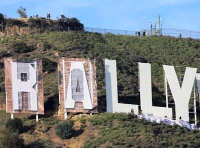 The Hollywood sign changes to honour the Los Angeles Rams winning Super Bowl LVI on February 14, 2022 in Los Angeles, California. AFP
