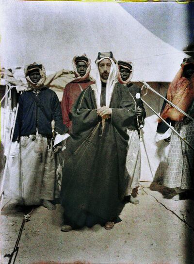 Faisal bin Hussein bin Ali al-Hashemi (1885-1933) was a descendant of the prophet Muhammad. 1917. He sided with the British army and organized the Arab revolt against the Ottoman Empire after meeting with Captain T.E. Lawrence October 1916. After World War I he was for a short time king of the Arab Kingdom of Syria (1920) and King of the Kingdom of Iraq (1921- 1933). Autochrome Lumi?re. Photo: Paul Castelnau (1880-1944). Middle East. (Photo by Galerie Bilderwelt/Getty Images)
