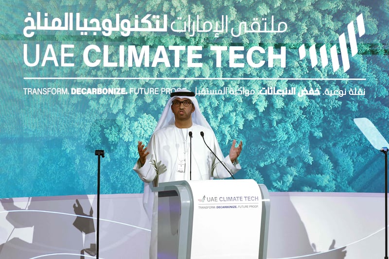 Cop28 President-designate Dr Sultan Al Jaber discussed key elements of the UAE’s climate policy at the inaugural Climate Tech event in Abu Dhabi on Wednesday. AFP
