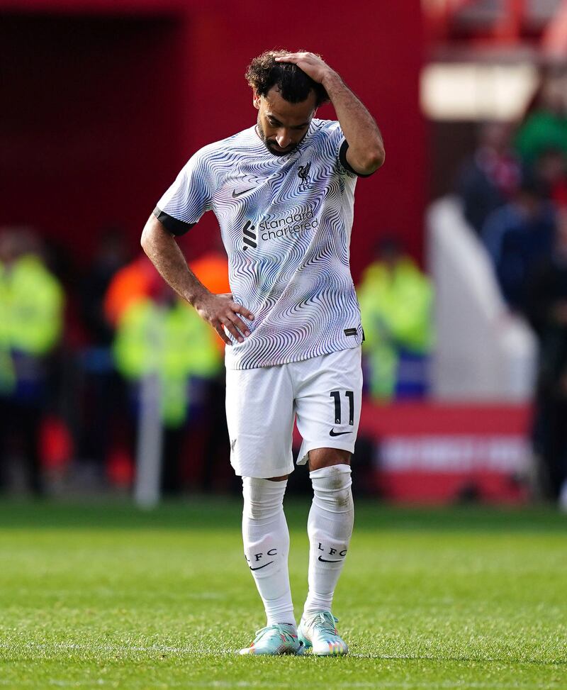 Liverpool's Mohamed Salah looks dejected in Nottingham. AP