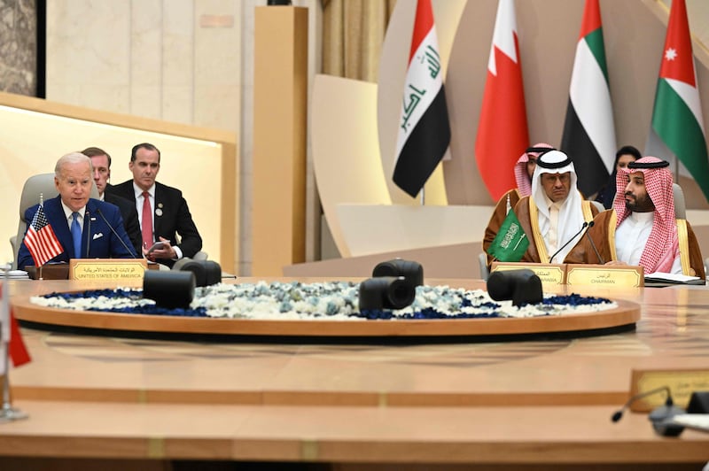 US President Joe Biden and Saudi Arabia's Crown Prince Mohammed bin Salman at the GCC+3 Jeddah Security and Development Summit. AFP