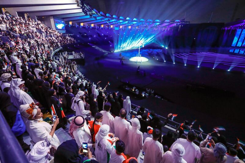 Abu Dhabi, United Arab Emirates, December 2, 2019.  48th UAE National Day at the Zayed Sports City Stadium.
- Laser and light show depicting Emirati Heritage and Legacy.
Victor Besa / The National
Reporter:  Haneen Dajani
Section: NA