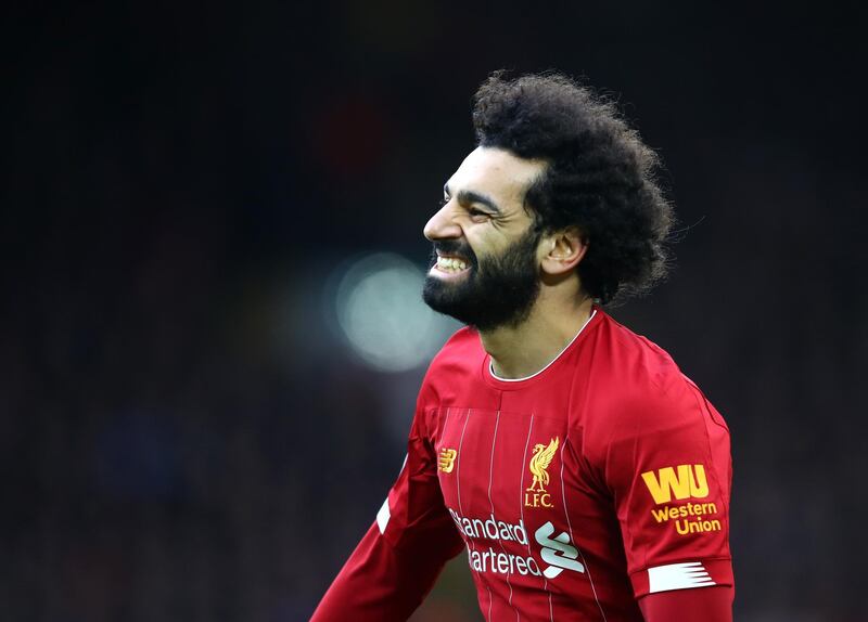 LIVERPOOL, ENGLAND - FEBRUARY 01: Mohamed Salah of Liverpool reacts during the Premier League match between Liverpool FC and Southampton FC at Anfield on February 01, 2020 in Liverpool, United Kingdom. (Photo by Julian Finney/Getty Images)