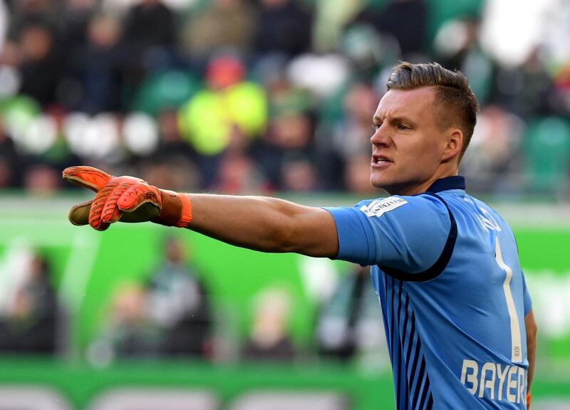 Leverkusen's German goalkeeper Bernd Leno reacts during the German first division Bundesliga football match VfL Wolfsburg vs Bayer Leverkusen in Wolfsburg, northern Germany, on March 3, 2018. / AFP PHOTO / dpa / Peter Steffen / Germany OUT / RESTRICTIONS: DURING MATCH TIME: DFL RULES TO LIMIT THE ONLINE USAGE TO 15 PICTURES PER MATCH AND FORBID IMAGE SEQUENCES TO SIMULATE VIDEO. == RESTRICTED TO EDITORIAL USE == FOR FURTHER QUERIES PLEASE CONTACT DFL DIRECTLY AT + 49 69 650050 