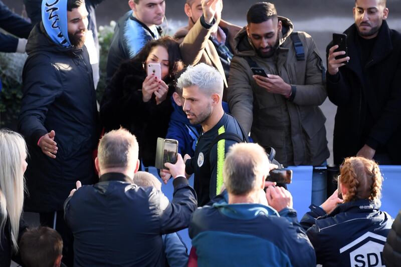 MANCHESTER, ENGLAND - NOVEMBER 11:  Sergio Aguero of Manchester City arrives at the stadium prior to the Premier League match between Manchester City and Manchester United at Etihad Stadium on November 11, 2018 in Manchester, United Kingdom.  (Photo by Laurence Griffiths/Getty Images)