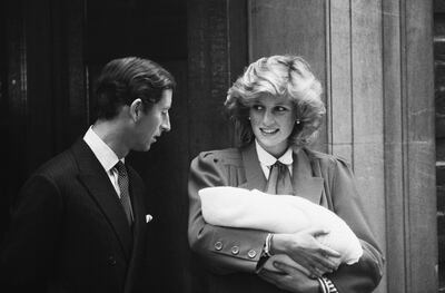 Charles, Prince of Wales and Diana, Princess of Wales (1961-1997) leave the Lindo Wing of St Mary's Hospital with their son Prince Harry, in Paddington, London, 16th September 1984. Harry had been born the previous day. (Photo by Ted Bath/Daily Express/Hulton Archive/Getty Images)