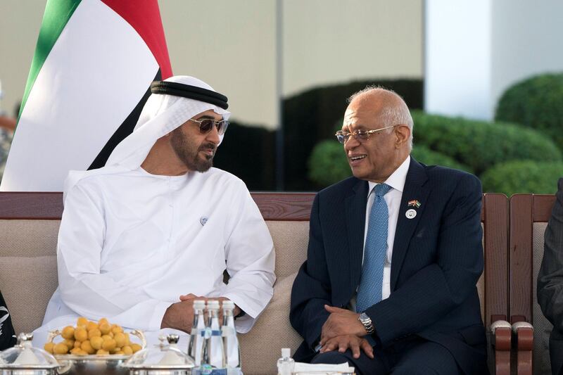 ABU DHABI, UNITED ARAB EMIRATES - February 26, 2018: HH Sheikh Mohamed bin Zayed Al Nahyan, Crown Prince of Abu Dhabi and Deputy Supreme Commander of the UAE Armed Forces (L), meets with Dr Ali Abdel Aal, Speaker of the Egyptian House of Representatives (R), during a Sea Palace barza.
( Rashed Al Mansoori / Crown Prince Court - Abu Dhabi )
---