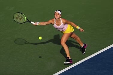 DUBAI, UNITED ARAB EMIRATES - FEBRUARY 18: Belinda Bencic of Switzerland plays a forehand against Anastasia Pavlyuchenkova of Russia during Day Two of the Dubai Duty Free Tennis at Dubai Duty Free Tennis Stadium on February 18, 2020 in Dubai, United Arab Emirates. (Photo by Francois Nel/Getty Images)