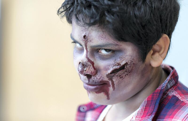 Dubai, April 12,2019.   MEFCC day 2-
Saif Bindhabooi in his "Walking Dead" Zombie get-up.
Victor Besa/The National.
Section:  Ac
Reporter:  Chris Newbould