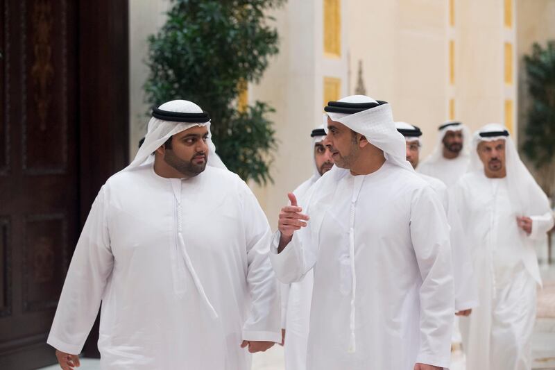 ABU DHABI, UNITED ARAB EMIRATES - July 16, 2014: HH Lt General Sheikh Saif bin Zayed Al Nahyan Deputy Prime Minister and Minister of Interior (C), speaks with HH Sheikh Mohammed bin Hamad Al Sharqi Crown Prince of Fujairah (L), after a meeting at Al Bateen palace.
( Ryan Carter / Crown Prince Court - Abu Dhabi )
