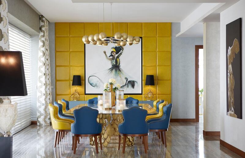Yellow can work well in larger spaces, such as on an accent wall, or on smaller furniture items, such as dining chairs. Courtesy Brabbu Design Forces
