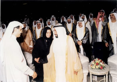 Dr Aisha Al Sayyar greets Sheikh Zayed, the Founding Father, at a musical performance at Abu Dhabi National Theatre in 1996. Photo: Aisha Al Sayyar