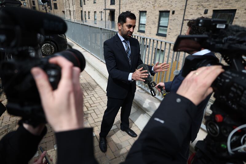 Mr Yousaf speaks to the media during a visit to Dundee in April. His appearance came as Scottish opposition parties called for a confidence vote after the collapse of his power-sharing deal with the Green Party. Getty Images
