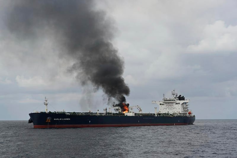 In this photo provided by the Indian Navy on Saturday, Jan.  27, 2024, a view of the oil tanker Marlin Luanda on fire after an attack, in the Red sea.  The crew aboard a Marshall Islands-flagged tanker hit by a missile launched by Yemen’s Houthi rebels is battling a fire onboard the stricken vessel sparked by the strike.  (Indian Navy via AP)