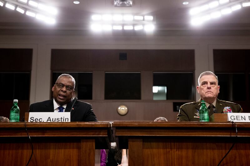 US Secretary of Defence Lloyd Austin and Chairman of the Joint Chiefs of Staff Gen Mark Milley testify on Capitol Hill on March 28. EPA