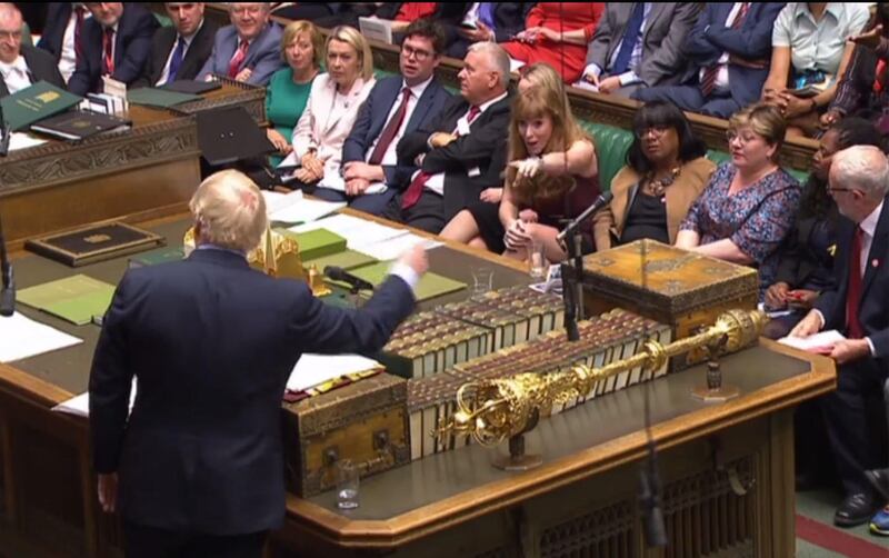 A video grab from footage broadcast by the UK Parliament's Parliamentary Recording Unit (PRU) shows Britain's Prime Minister Boris Johnson (L) speaking at the start of his first Prime Minister's Questions session in the House of Commons in London on September 4, 2019. Prime Minister Boris Johnson headed into a fresh Brexit showdown in parliament on Wednesday after being dealt a stinging defeat over his promise to get Britain out of the EU at any cost next month. - RESTRICTED TO EDITORIAL USE - MANDATORY CREDIT " AFP PHOTO / PRU " - NO USE FOR ENTERTAINMENT, SATIRICAL, MARKETING OR ADVERTISING CAMPAIGNS - EDITORS NOTE THE IMAGE HAS BEEN DIGITALLY ALTERED AT SOURCE TO OBSCURE VISIBLE DOCUMENTS
 / AFP / PRU / - / RESTRICTED TO EDITORIAL USE - MANDATORY CREDIT " AFP PHOTO / PRU " - NO USE FOR ENTERTAINMENT, SATIRICAL, MARKETING OR ADVERTISING CAMPAIGNS - EDITORS NOTE THE IMAGE HAS BEEN DIGITALLY ALTERED AT SOURCE TO OBSCURE VISIBLE DOCUMENTS
